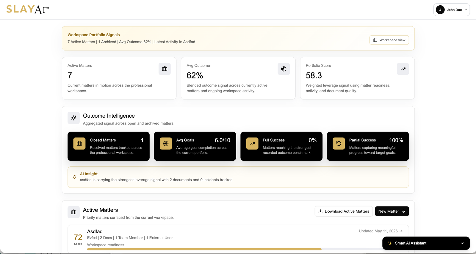 Private legal workflow product dashboard
